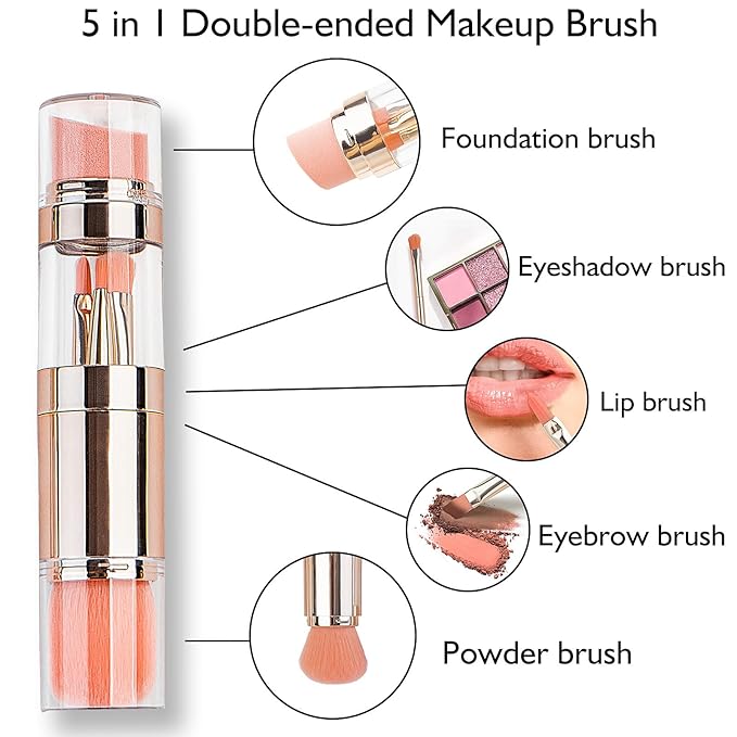 kullder 5-in-1 Makeup Brush Travel Makeup Brush set Dual Ended Mini Makeup Brush Pen Foundation Powder Concealer Shadow Blush Makeup Brushes with 2 Sponge Puff Womens Gift Idea for Beauty Lover-VivaGrace Women