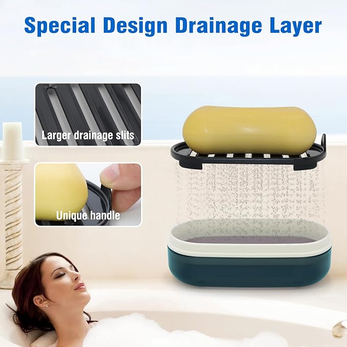 Travel Soap Container, Soap Dish with Lid, Travel Soap Box with Removable Draining Layer, Portable Soap Case for Traveling, Camping, Gym (Blue Style A)-VivaGrace Women