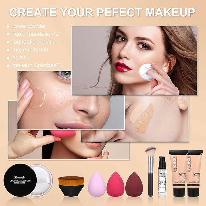 Foundation Liquid Full Coverage Matte Oil Control Concealer with Face Primer & Makeup Brush & Makeup Sponges-VivaGrace Women
