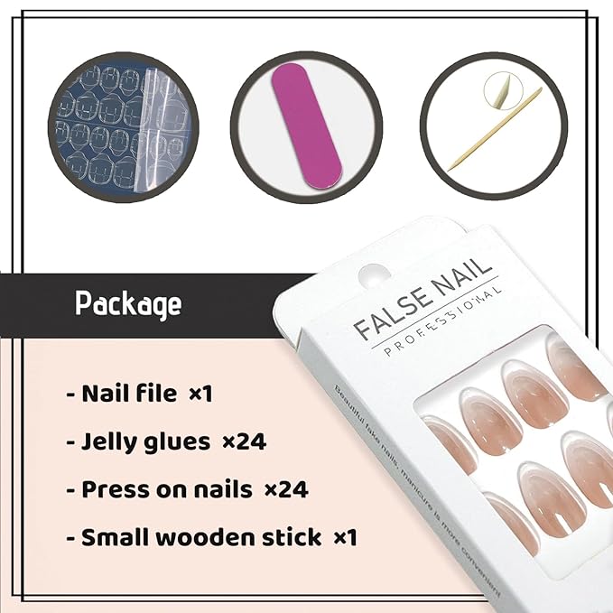 Chrome Fake Nails Almond Medium Press on Nails with Mirror Designs Glossy Ombre Nude False Nails Stick on Acrylic Nails for Women