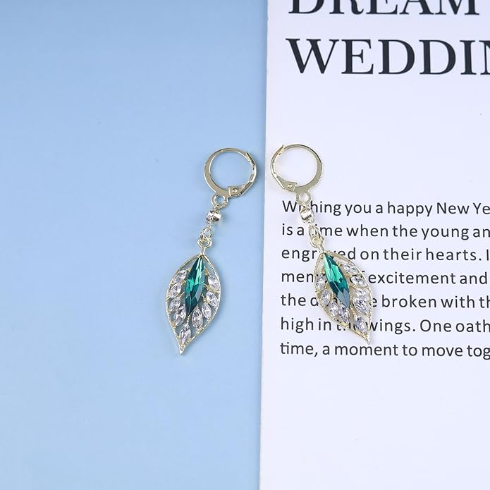 Vintage Emerald Leaf Earrings Rhinestone Leaf Drop Earrings Green Emerald Dangle Earrings Gold Crystal Leaf Hoop Earrings Jewelry for Women-VivaGrace Women