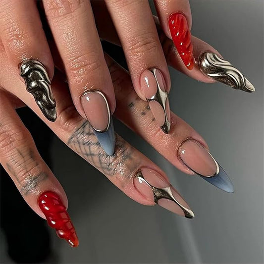 Press on Nails Medium Almond Fake Nails with 3D Swirl Designs Glossy Glue on Nails Gold Glitter Acrylic Nails Luxury Artificial False Nails for Women