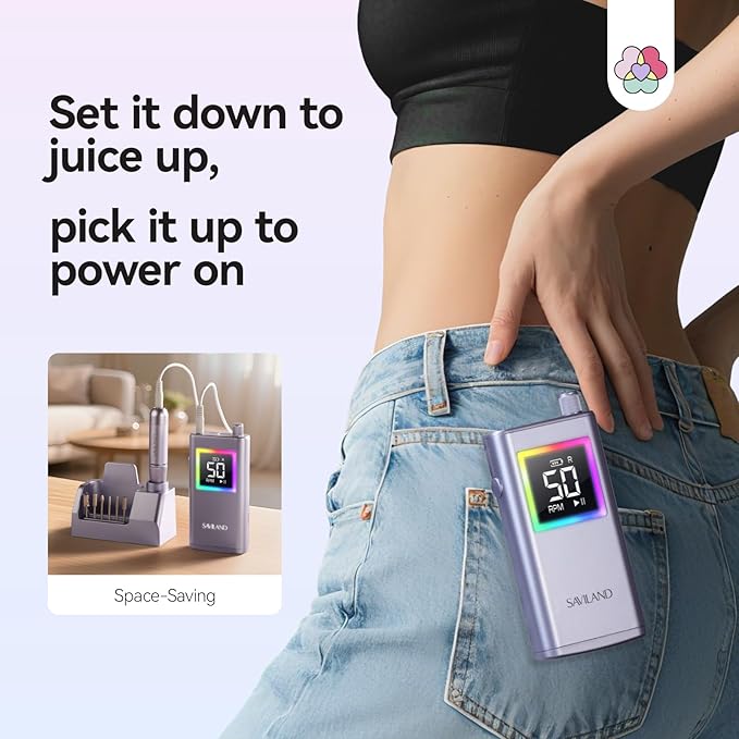 SAVILAND Advanced 50000 RPM Nail Drill Professional: 10S Fast Removal Electric Nail File Portable Nail Filer Electric with Rechargeable Electric Nail Drill Bits Pro Acrylic Nail Manicure Nail Tools-VivaGrace Women