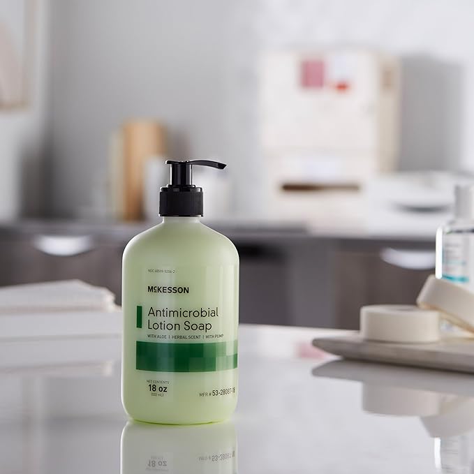 McKesson Antimicrobial Lotion Hand Soap with Aloe, 18 oz Pump Bottle [Pack of 1] - Herbal Scent, Keeps Hands Clean and Moisturized, Medical-Grade Soap