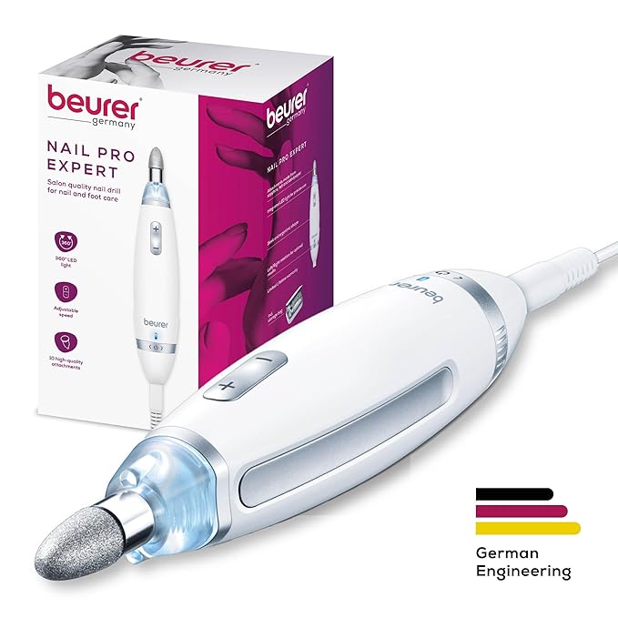 Beurer MP62 Professional Nail Drill Kit, Portable Electric File Machine with 10 Attachments & 10 Sanding Bands, Efile Dremel for Acrylic Gel Manicure and Pedicure, LED Light, with Storage Case-VivaGrace Women