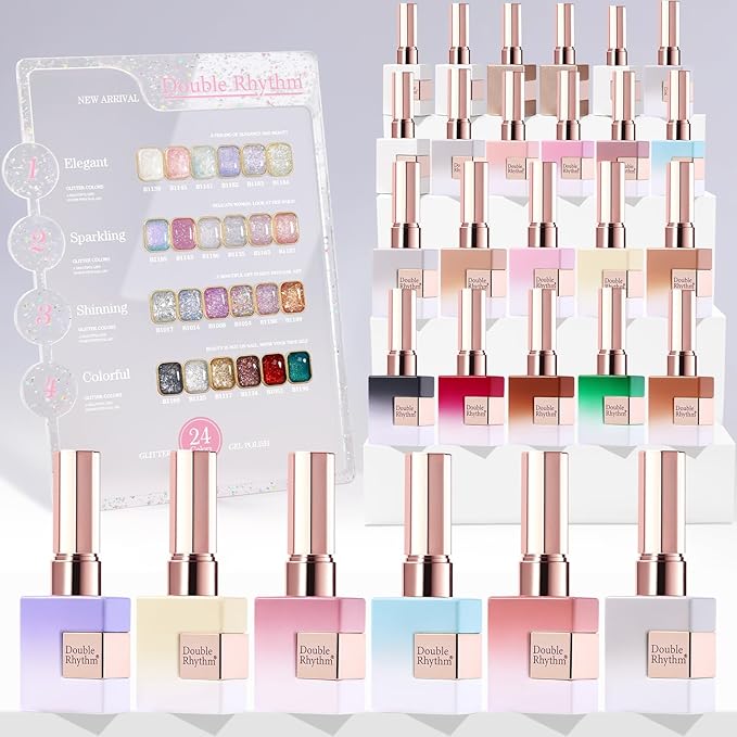 Double Rhythm 28Pcs 0.5Oz Glitter Gel Nail Polish Set Same Color Same Bottle Soak Off Gel Polish Kit Nail Art Manicure Salon DIY at Home (Sparkle Pearl Shimmer Collection-T24-9)-VivaGrace Women