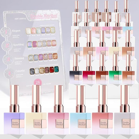Double Rhythm 28Pcs 0.5Oz Glitter Gel Nail Polish Set Same Color Same Bottle Soak Off Gel Polish Kit Nail Art Manicure Salon DIY at Home (Sparkle Pearl Shimmer Collection-T24-9)-VivaGrace Women