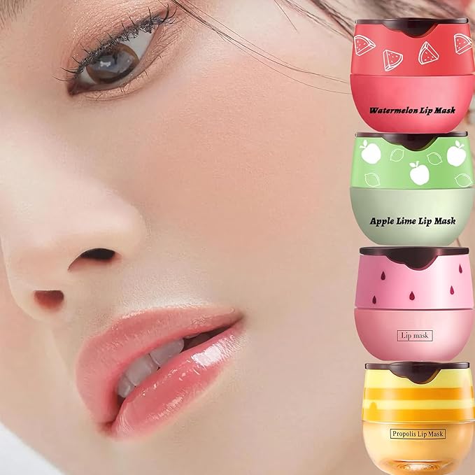 4 PCS Bee Lip Balm Lip Mask Honey Pot, Honey & Strawberry & Watermelon & Apple Lime Lip Mask Overnight Propolis Moisturizing Lip Balm with Stick, Hydrating Lip Sleeping Mask Prevention Dry & Cracked-VivaGrace Women