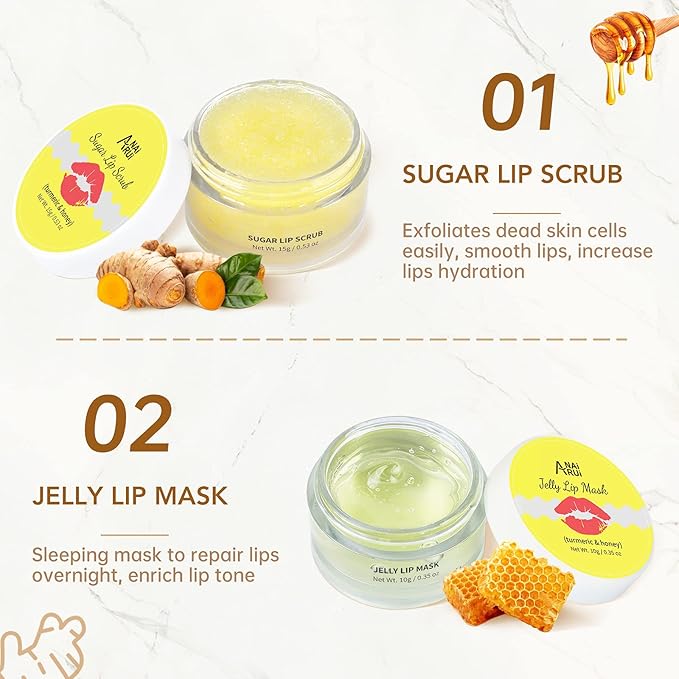 ANAIRUI Lip Therapy Set - Lip Care Kit - Includes Sugar Lip Scrub & Jelly Lip Sleep Mask, Lips Balm & Moisturizer, Dark Lip Care, Moisturizing for Fuller, Softer Lips (Turmeric & Honey)-VivaGrace Women