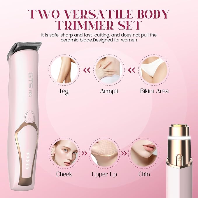 Bikini Trimmer for Women Electric Razor 2 Pack Dual Head Body & Facial Hair Remover -Waterproof USB Rechargeable with Replacement Ceramic Blades, Travel Pouch & Packaging Box(Pink)-VivaGrace Women
