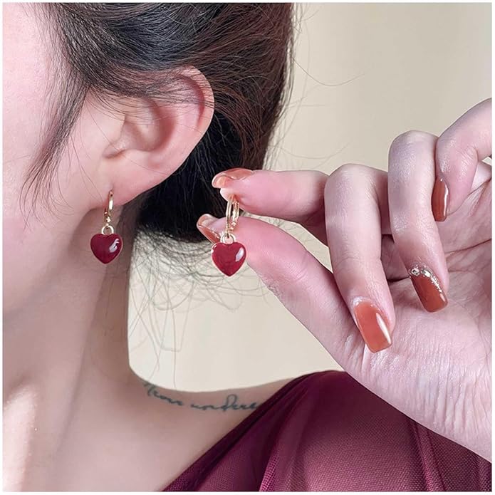 Vintage Heart Dangle earrings Red Coral Earrings Red Heart Love Huggie Earrings Gold Hoop Huggie Earrings Jewelry for Women-VivaGrace Women