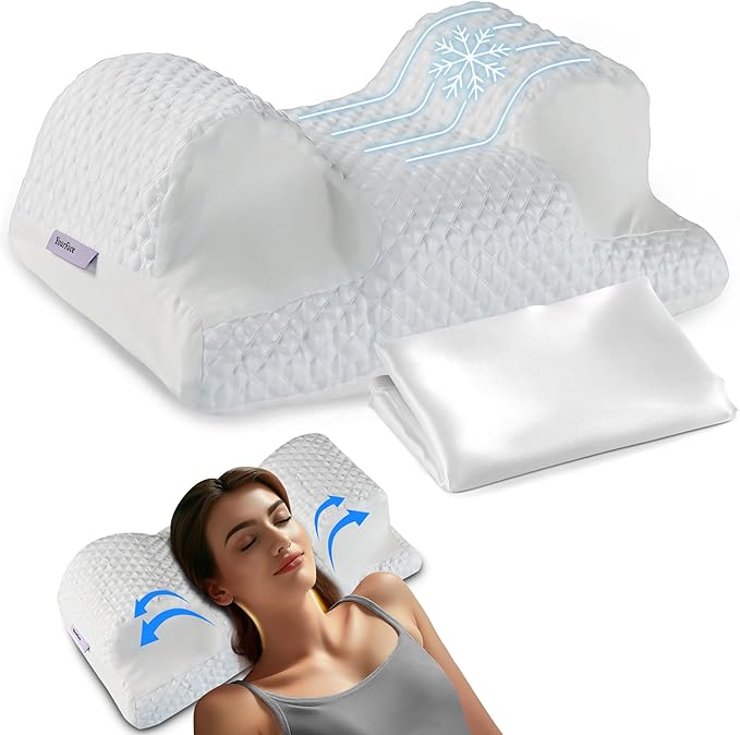 YourFacePillow, Back Sleeper Beauty Pillow, Cervical Neck Pillow Contour Memory Foam Pillow, Ergonomic Neck, Back & Shoulder Support. Back Sleeping Reduces Pressure on Skin - Cooling with Satin Case-VivaGrace Women