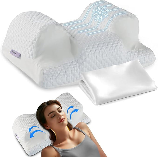 YourFacePillow, Back Sleeper Beauty Pillow, Cervical Neck Pillow Contour Memory Foam Pillow, Ergonomic Neck, Back & Shoulder Support. Back Sleeping Reduces Pressure on Skin - Cooling with Satin Case-VivaGrace Women