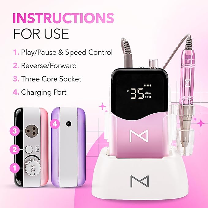 M Mase- Professional Nail Drill Machine - Coreless 2-in-1 Nail File - Electric, Cordless, 35000 RPM, HD Display - Electric Nail Drill for Professional & Home Use (Unicorn Pink)-VivaGrace Women