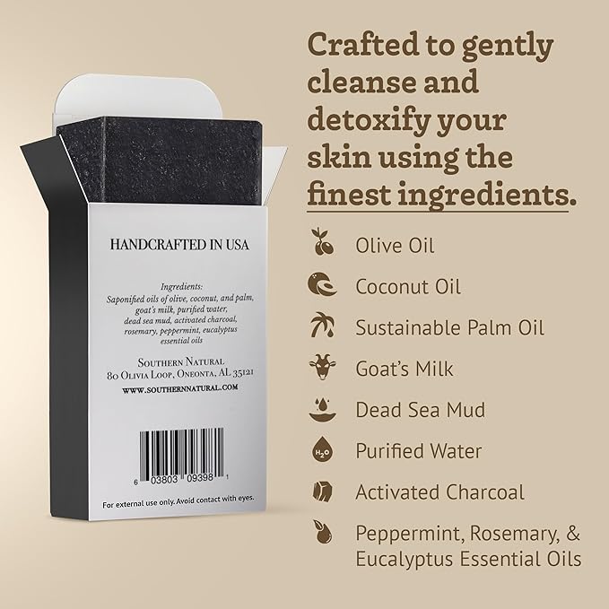 Southern Natural Activated Charcoal Soap Bar (3 Pack) Face and Body Soap For Sensitive Skin With Dead Sea Mud, Goat Milk & Peppermint Essential Oil-VivaGrace Women