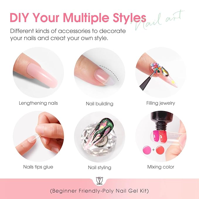 ROSALIND 14 Colors Poly Nail Gel Kit with Mini Nail Lamp Pink Brown Poly Nails Gel Kit Starter Kit With Slip Solution Kit Pink Extensions Gelfor Nail Manicure Beginner-VivaGrace Women
