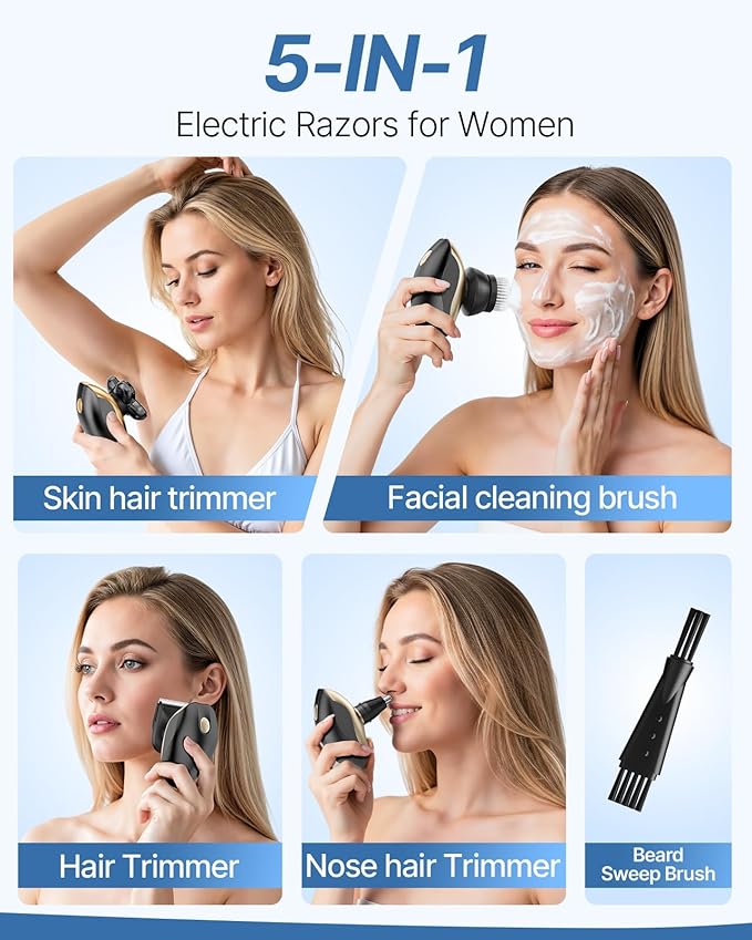 Electric Razors for Women, 5-in-1 Rechargeable Body Shaver - Waterproof Wet Dry Hair Remover - Trimmer for Lady Face Underarms Legs-VivaGrace Women