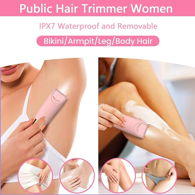 Bikini Trimmer for Women, Glow Aura Womens Shaver, Quiet Dual Head Waterproof Cordless Rechargeable Painless Trimmer for Underarms, Legs, Body (Pink)-VivaGrace Women