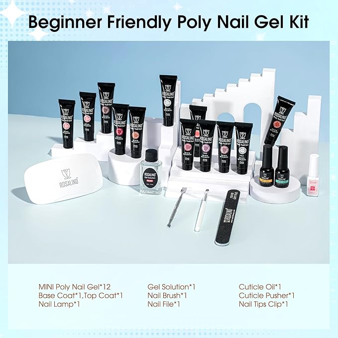ROSALIND Poly Nail Gel Kit -12 Colors + Nail Art Accessories Kit Summer Neon Poly Nails Gel Kit Starter Kit With Slip Solution Pro Bright Colors Nail Extensions Gel Set with Mini UV Lamp-VivaGrace Women