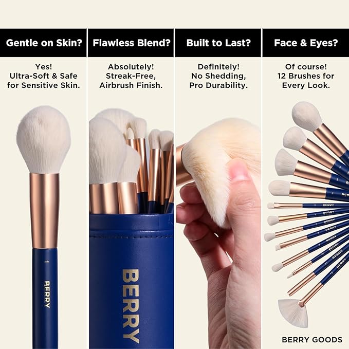 BERRY Blue Premium Makeup Brush Set – 12-Piece Professional Ultra-Soft Synthetic Brushes for Face & Eyes | Foundation, Powder, Blush, Concealer, Eyeshadow – Vegan, Cruelty-Free, Numbered, Travel Case-VivaGrace Women