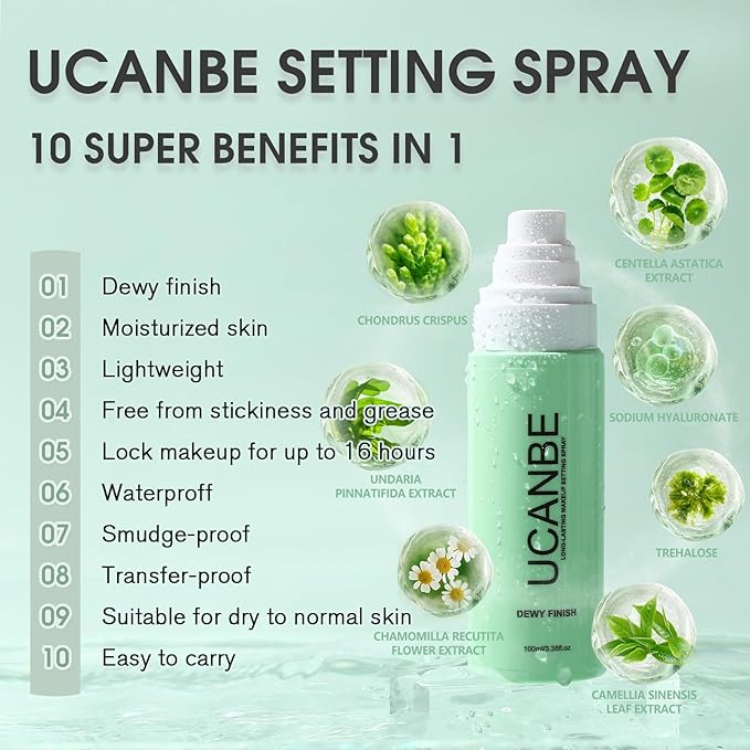 Dewy Makeup Setting Spray Kit-3.38 Fl oz Hydrating Illuminating Finishing Spray Lightweight Face Mist All Day Long Make up Fixer +2PCS Sponge Puff, Hydrate Skin for a Bright Look-VivaGrace Women