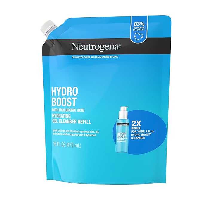 Neutrogena Hydro Boost Lightweight Hydrating Facial Cleansing Gel, Gentle Face Wash & Makeup Remover with Hyaluronic Acid, Hypoallergenic & Non Comedogenic, Refill Pouch, 16 fl. oz