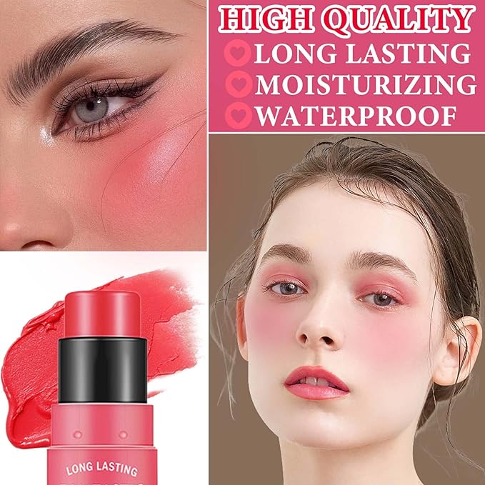 Cream Blush Stick,Blush Stick for Cheeks with Contour Brush,3-in-1 Long Lasting Waterproof Blush&Eye Shadow&Lip Gloss for All Skin Types（02 Rose Pink）-VivaGrace Women