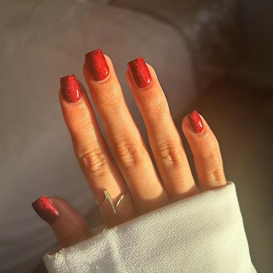 KQueenest Red Glitter Nails Press ons, Gel Press on Nails Short Square, Long Lasting Sparkly Shiny Fake Nails Cute, Luxury Glue on Nails Short, Bling False Nails for Festival Manicure, 24 Pcs