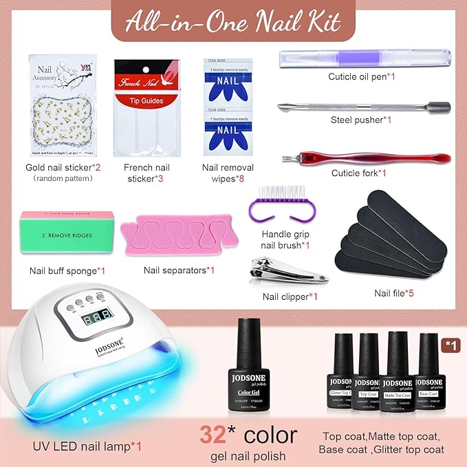 JODSONE Gel Nail Polish Kit with U V Light 32 Color Soak Off Base&Top Glitter Coat Gel Polish for DIY Manicure Lovers-VivaGrace Women