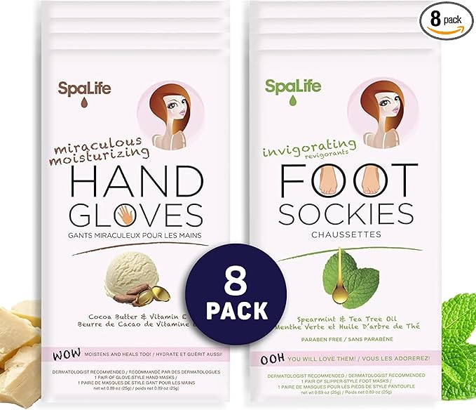 SpaLife Moisturizing Hand Gloves and Foot Sockies Bundle - 4 Hand Gloves & 4 Foot Sockies Set for Hydrating Dry, Cracked Hands and Feet - Repairing Skincare Mini Gift Set-VivaGrace Women