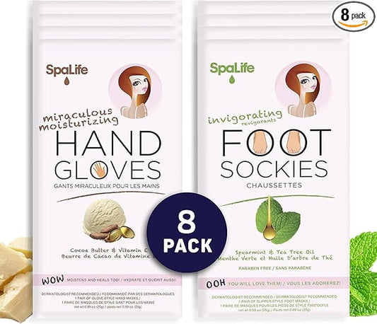 SpaLife Moisturizing Hand Gloves and Foot Sockies Bundle - 4 Hand Gloves & 4 Foot Sockies Set for Hydrating Dry, Cracked Hands and Feet - Repairing Skincare Mini Gift Set-VivaGrace Women
