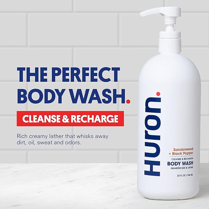 Huron Men’s Moisturizing Body Wash - Clean & Woody Scent of Sandalwood, Black Pepper, Cedarwood, & Amber - Made With Coconut Oil, Vitamin E & Witch Hazel - Vegan, Cruelty-Free - 32 fl oz-VivaGrace Women