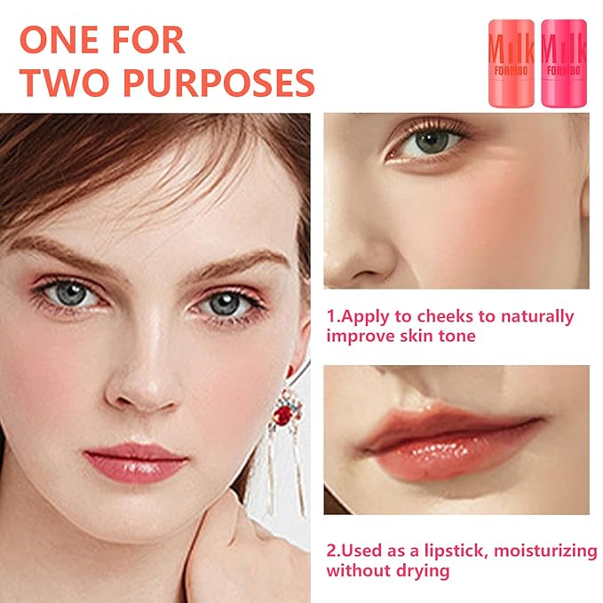 2 Pcs Milk Jelly Blush,Jelly Tint Blush Stick Sheer Lip & Cheek Stain Milk Cooling Water Jelly Tint Long Lasting Face Blushes, Lip Gloss Cheek Solid Moisturizer Stick (01#+02#)-VivaGrace Women