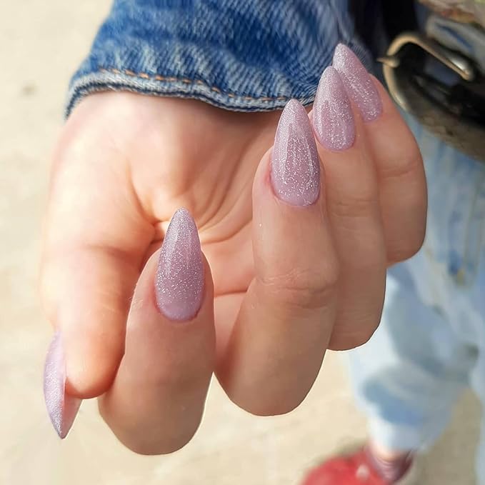 Light Pink Glitter Press on Nails Medium Almond Shape,KQueenest Iridescent Shimmer Acrylic Fake Nails,Sparkling Gel Nails Press ons,Glossy Flash Glue on Nails Medium False Nails with Designs in 24 PCS