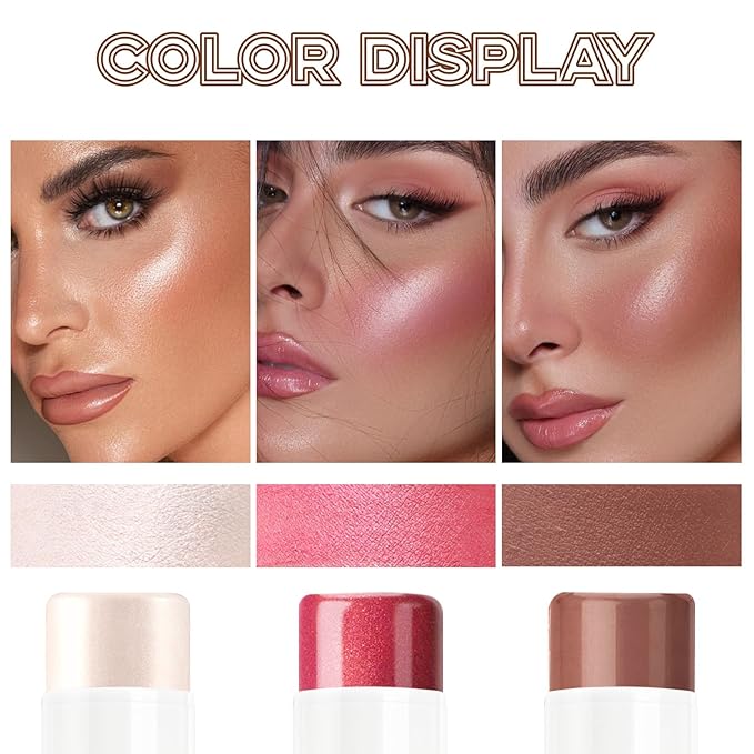 3Pcs Cream Contour Stick Makeup Set, Cream Bronzer Blush Highlighter Stick for Cheeks Eyes Lips, Long Lasting Waterproof Blendable Dewy Finish Face Stick Trio Wand for All Skin (1+3+6)-VivaGrace Women