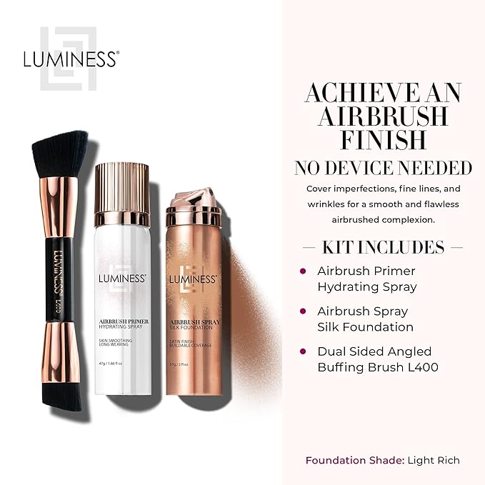 LUMINESS Airbrush Spray Silk Foundation Starter Kit - Light Rich - Foundation, Primer & Dual-Sided Angled Buffing Brush - Medium, Buildable Coverage, Anti-Aging Formula Hydrates & Moisturizes-VivaGrace Women