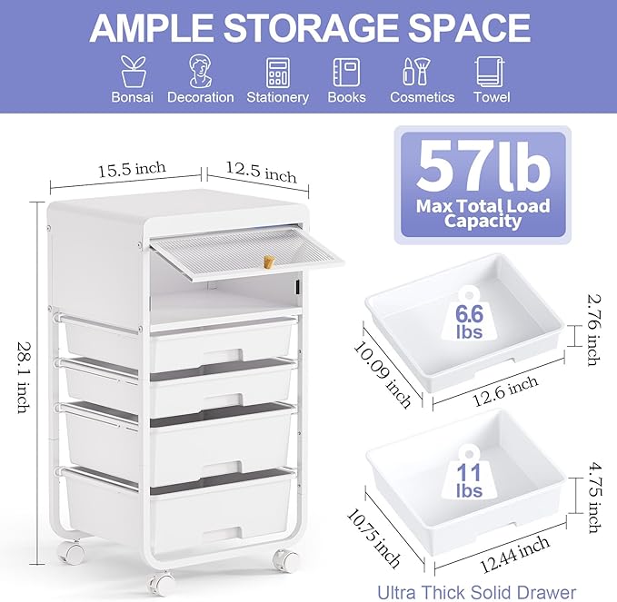 Utility-Rolling-Storage-Drawer-Craft-Cart-Organizers with 4 Drawers & Dust-proof Door for Kid Craft Art Room,Bedroom,Home Office, Craft Drawer cart, Classic White-VivaGrace Women