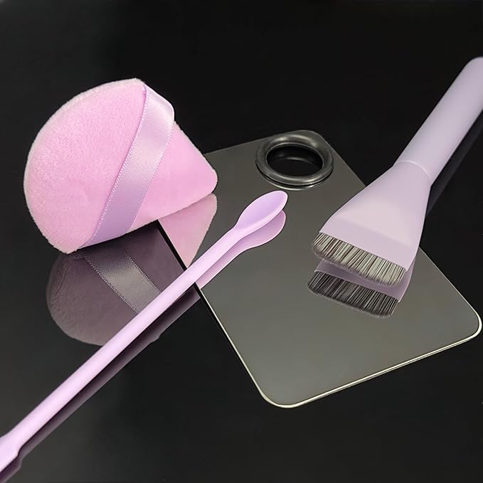 Makeup Brush Set - Flat Foundation Brush, Blender Sponge, Face Spatula, Puff & Heart-Shaped Mixing Palette with Leather Case – Complete Face Makeup Tool Kit for Blending, Foundation & Application-VivaGrace Women