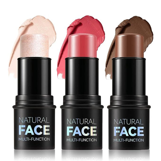 3PCS Cream Contour Stick Makeup Kit Face Highlighter Bronzer Blush Stick Long Lasting Illuminator Highlighters Makeup Stick for All Skin Tones(02 Champagne Gold+05 Rugosa Rose+06 Espresso)-VivaGrace Women