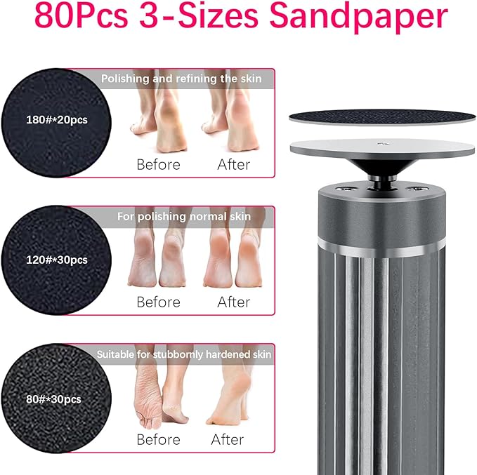 5.3'' Electric Foot Callus Remover with 80pcs Sandpaper Discs & Brush, Professional Aluminum Ergonomic Pedicure Tool, Stepless Speed & Reverse Control for Dead Skin Removal (Grey)-VivaGrace Women
