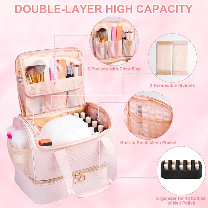 Nail Polish Organizer Bag Holds 50 Bottles (15ml/0.5fl.oz)& Nail Lamp, Soft Velvet Nail Kit Storage Carrying Case with Shoulder Strap, Double Layer Nail Supplies Organizer Handbag Women (Pink)
