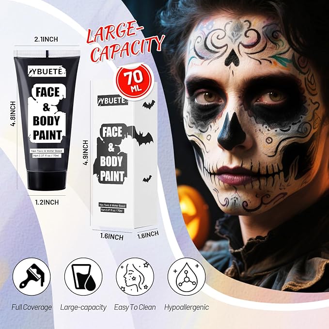 Black Water Based Face Body Paint, 2.37 OZ Large Tube Full Coverage Washable Face Paint Cream for Adult Carnival Cosplay Halloween SFX Skull Joker Zombie Vampire Skeleton Goth Makeup-VivaGrace Women