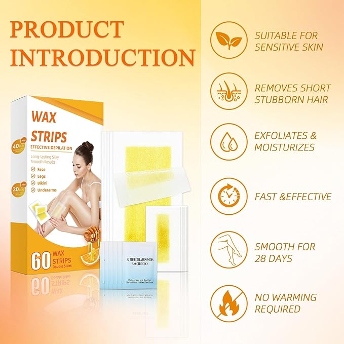 Wax Strips for Hair Removal, Waxing Kit For Women, 60 Pcs - 40 Body Wax Strips, 20 Pcs for Face, 6 Cleansing Oil Towelettes Suitable for Face/Legs/Underarms/Bikini-VivaGrace Women