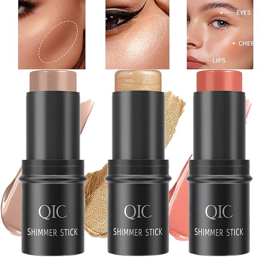 3 PCS Cream Contour Blush Stick,Long Lasting Waterproof Blush Stick for Cheeks&Lips Multipurpose Face Highlighting Concealing Cream,Shimmer Contour Stick Makeup for Women-VivaGrace Women