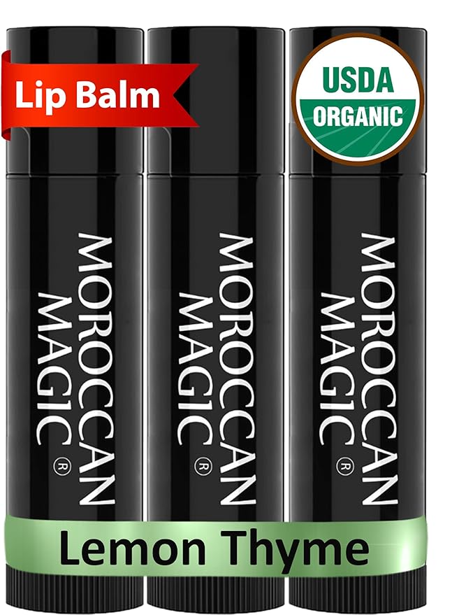 Moroccan Magic Organic Lemon Thyme Lip Balm 3 Pack | Ultra-Hydrating Argan & Essential Oil Lip Moisturizer + Vitamin E | Natural Chapstick for Dry Lips | Smooth, Non-Toxic | Organic Lip Balm-VivaGrace Women