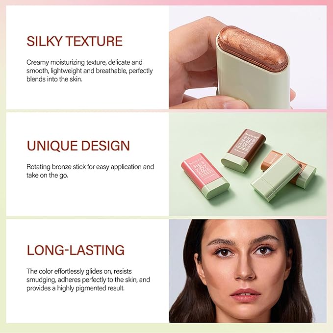 On-The-Go Bronzer Stick,Multi-Use Cream Contour Stick,Natural Long Lasting Face Bronzer,Smooth Highlighter Contour Stick,Bronze Contour Makeup Facial Shaping,02 Soft Glow-VivaGrace Women