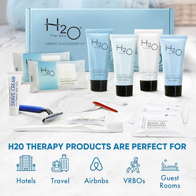 H2O Therapy Amenity & Accessory Kit | 0.85 oz Travel Size Shampoo, Conditioner, Lotion, Body Wash, Massage Bar, Cleansing Bar, Shave & Dental Sets, Make-Up Remover Wipes, & Vanity Kit | 1 set per case-VivaGrace Women