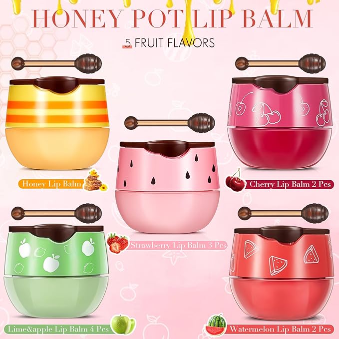 12 Pcs Bee Lip Balm Honey Pot with Brush Propolis Lip Mask Overnight, Moisturizing Hydrating Lip Sleeping Mask Prevention Dry and Cracked(Honey+Strawberry+Watermelon+Apple Lime+Cherry)-VivaGrace Women