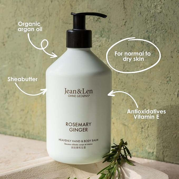Jean & Len Heavenly Hand & Body Balm Rosemary & Ginger, for a fragrant care experience, with organic argan oil and shea butter, minimalistic bottle, without parabens & silicones, 16.91 Fl. Oz.-VivaGrace Women