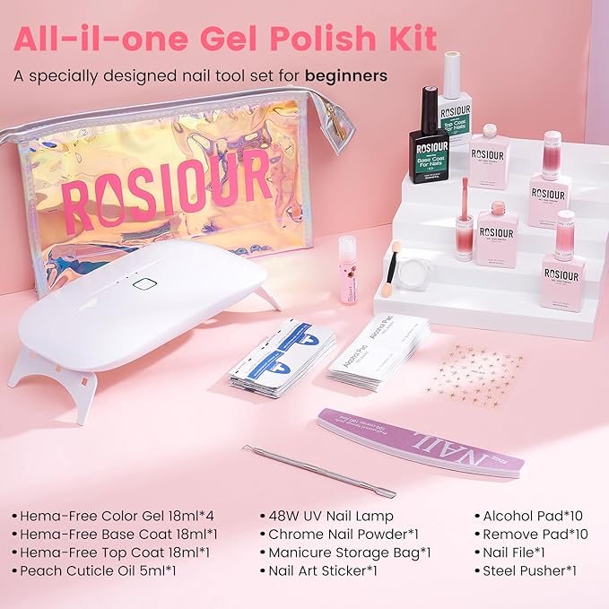 Jelly Gel Nail Polish Kit with U V Light, Hema-Free Milky Nude Sheer White Pink Gliter Gel Polish Set with Base & Top Coat Chrome Nail Powder, 4 Colors Mini Salon Nail Art Starter Gift for Women Girl-VivaGrace Women